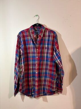 Ralph Lauren Classic Button Down Shirt Mens M Red Blue Plaid Pony Cotton